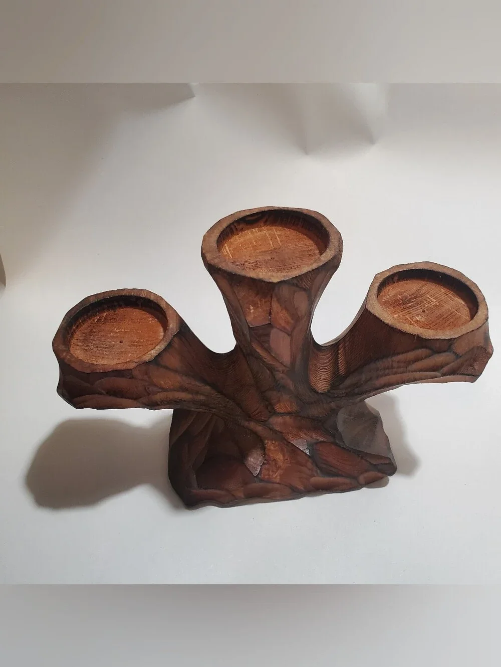VINTAGE 1960S HAND CARVED WOODEN CANDELABRA TREE TRUNK. CABIN. WOODSY